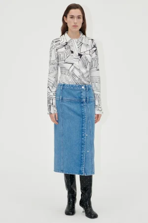 Button Slit Detail Midi Skirt - Denim Blue-STINE GOYA Fashion