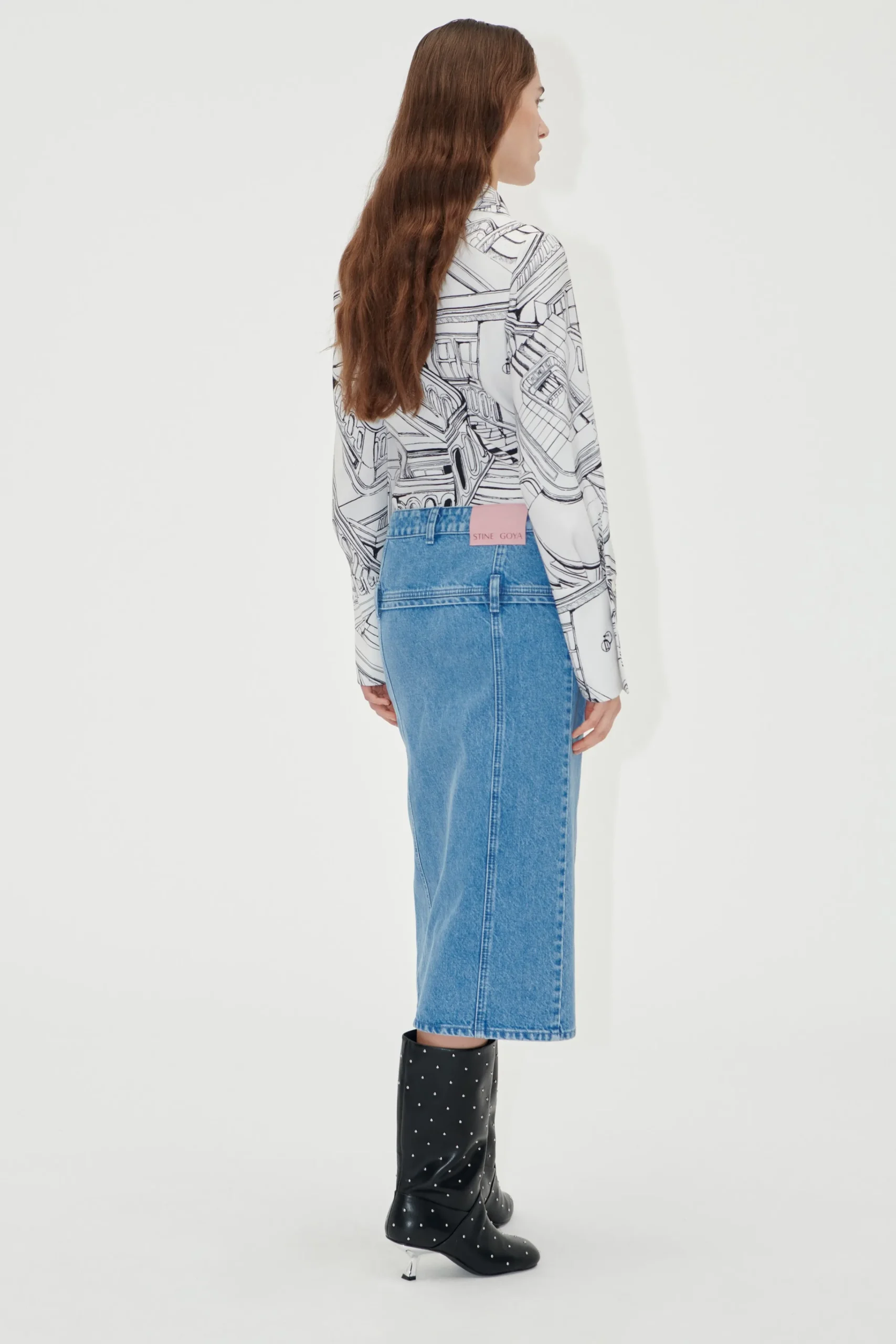 Button Slit Detail Midi Skirt - Denim Blue-STINE GOYA Fashion