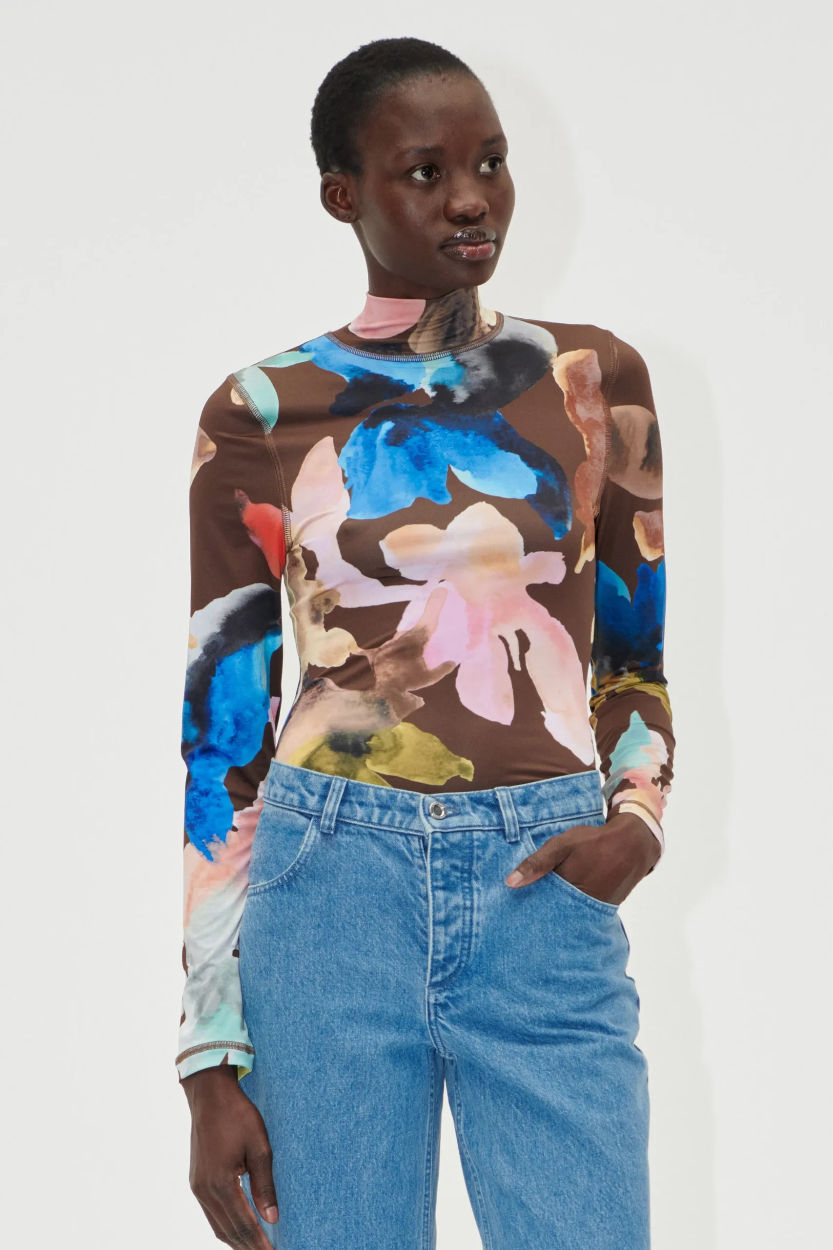 Elastic High Neck Collared Top - Aquarelle Garden-STINE GOYA Sale