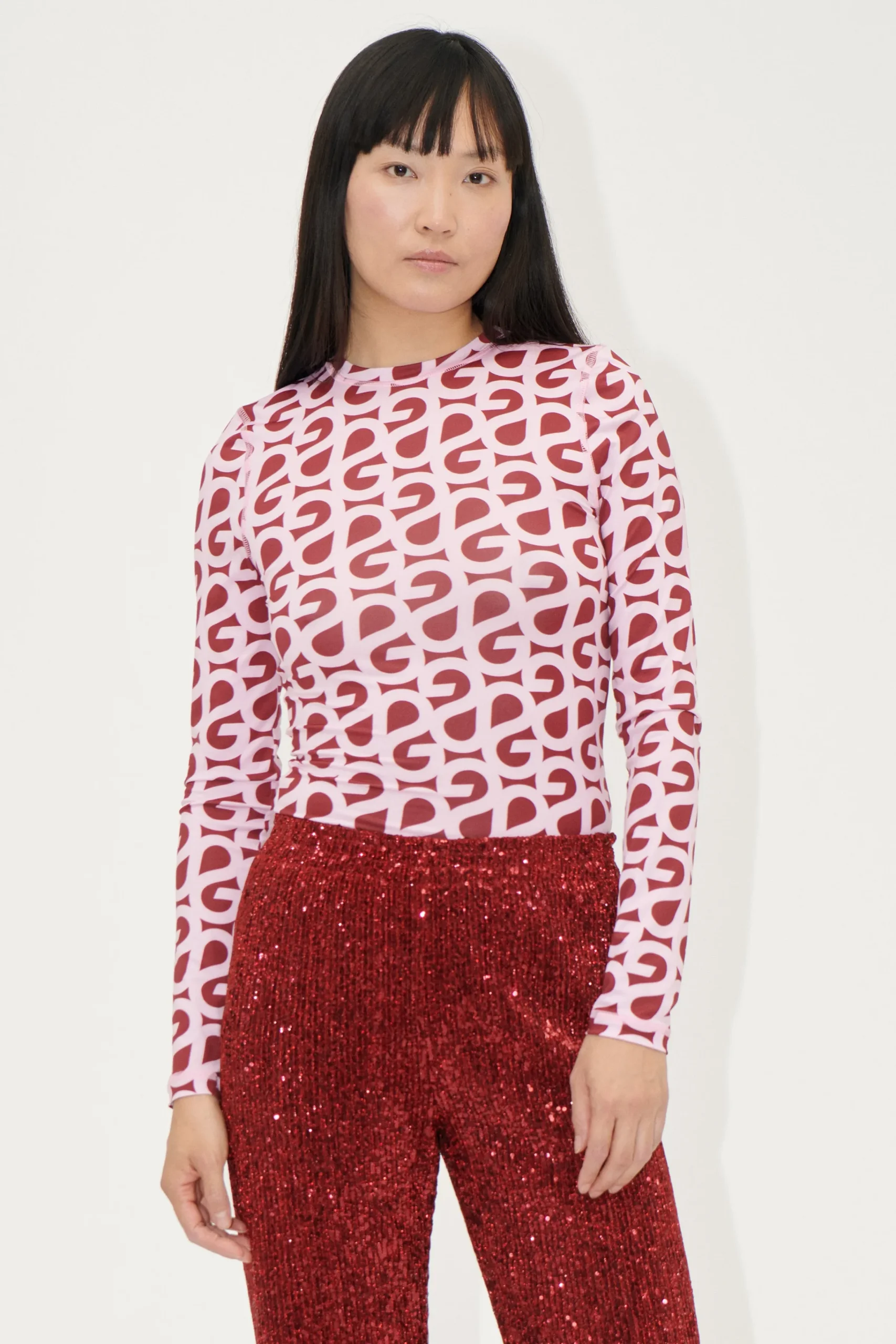 Elastic Long Sleeve Top - SG Logo Burgundy Pink-STINE GOYA Store