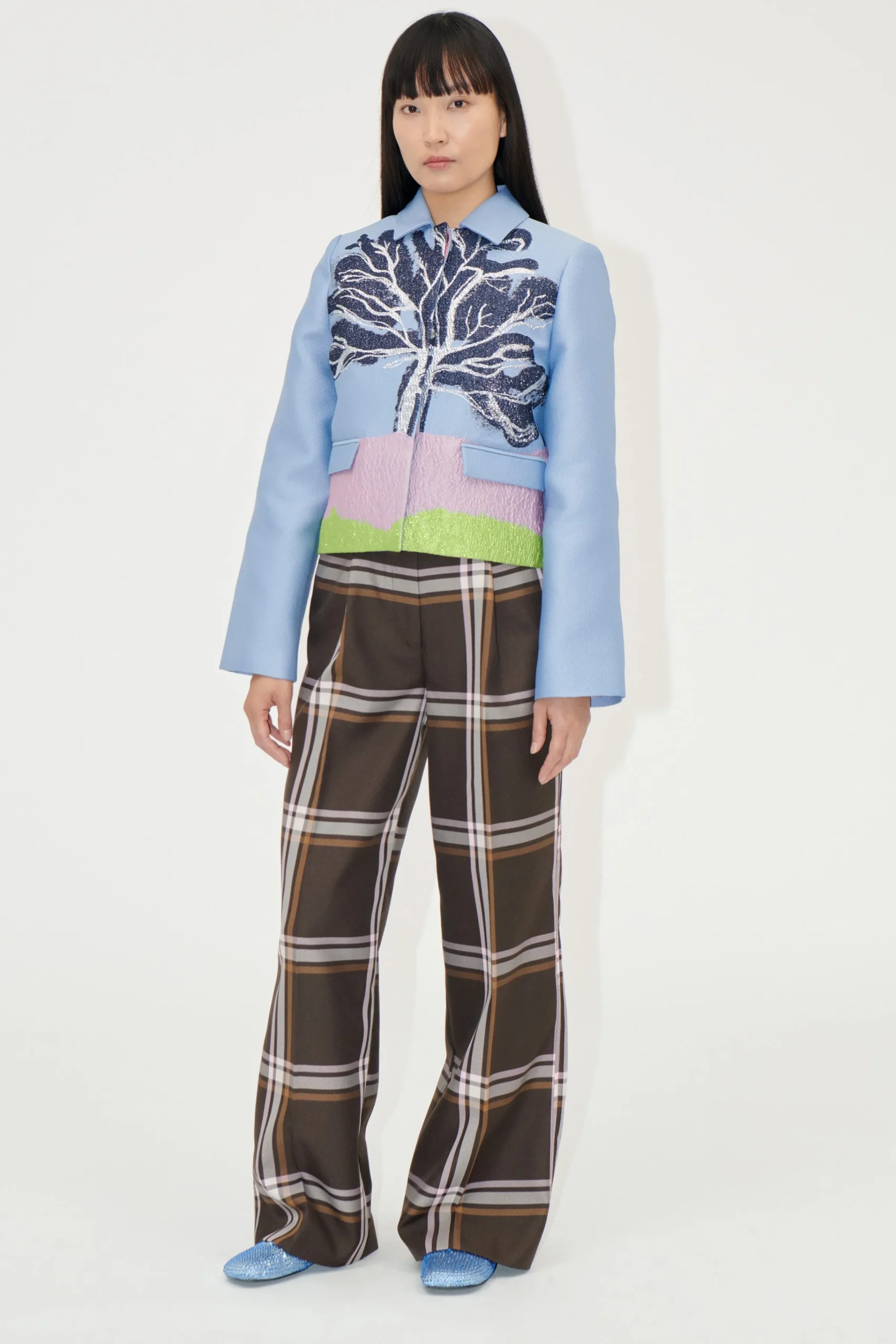 Front Pleat Long Straight Pants - Weaved Checks-STINE GOYA Sale