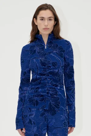 Gathered Long Sleeve High Neck Collar Top - Fine Line Poppies-STINE GOYA Sale