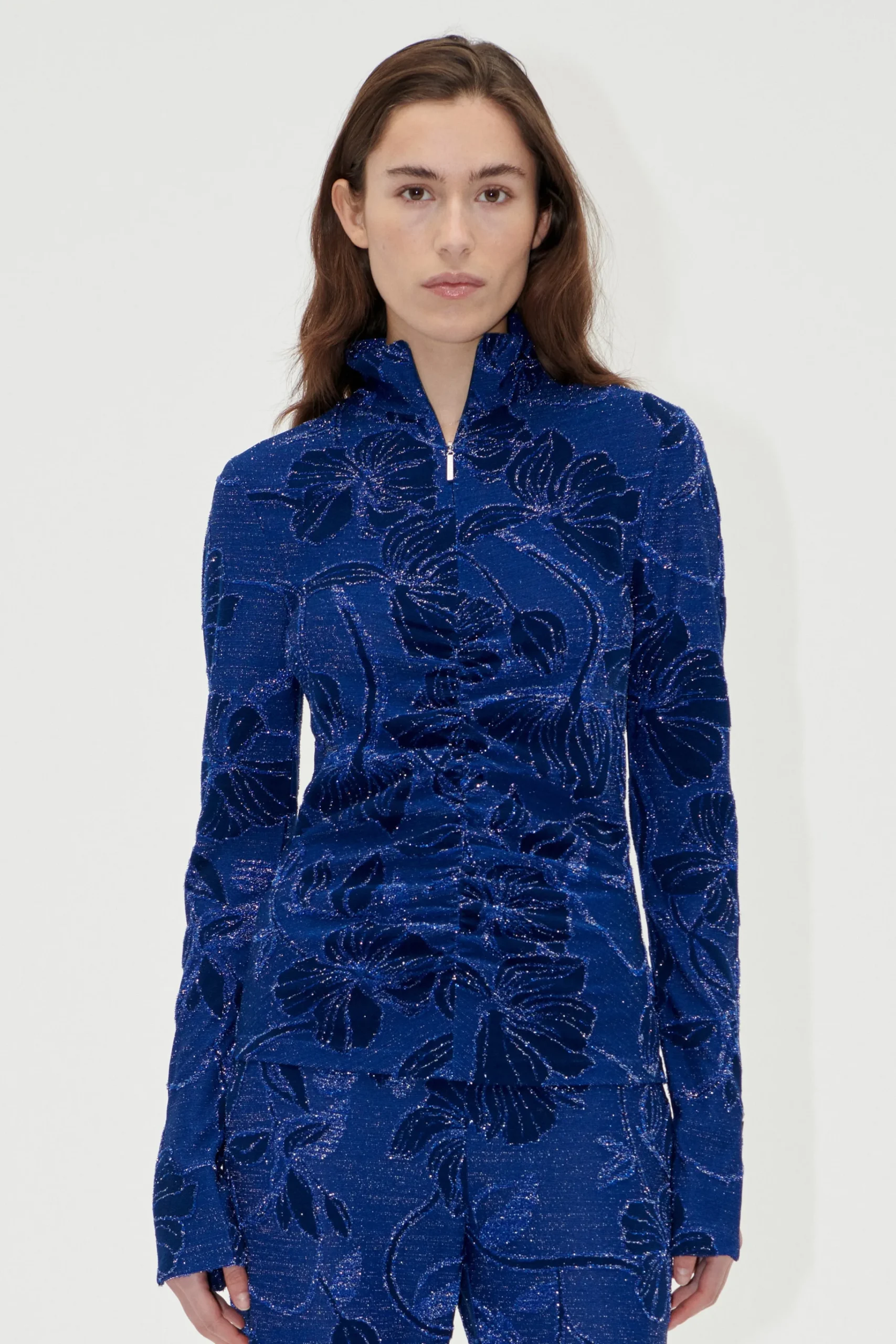 Gathered Long Sleeve High Neck Collar Top - Fine Line Poppies-STINE GOYA Sale