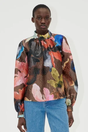 Gathered Long Sleeve Top - Aquarelle Garden-STINE GOYA Online
