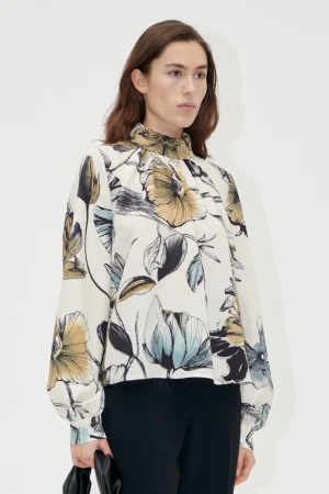 Gathered Long Sleeve Top - Fine Line Poppies-STINE GOYA Discount