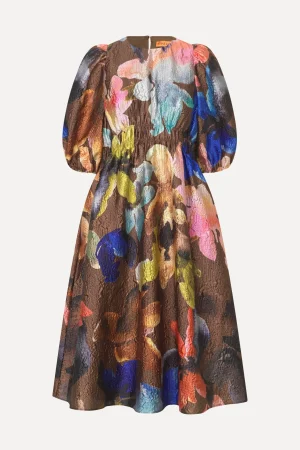 Gathered Waist Channel Midi Dress - Aquarelle Garden-STINE GOYA Cheap