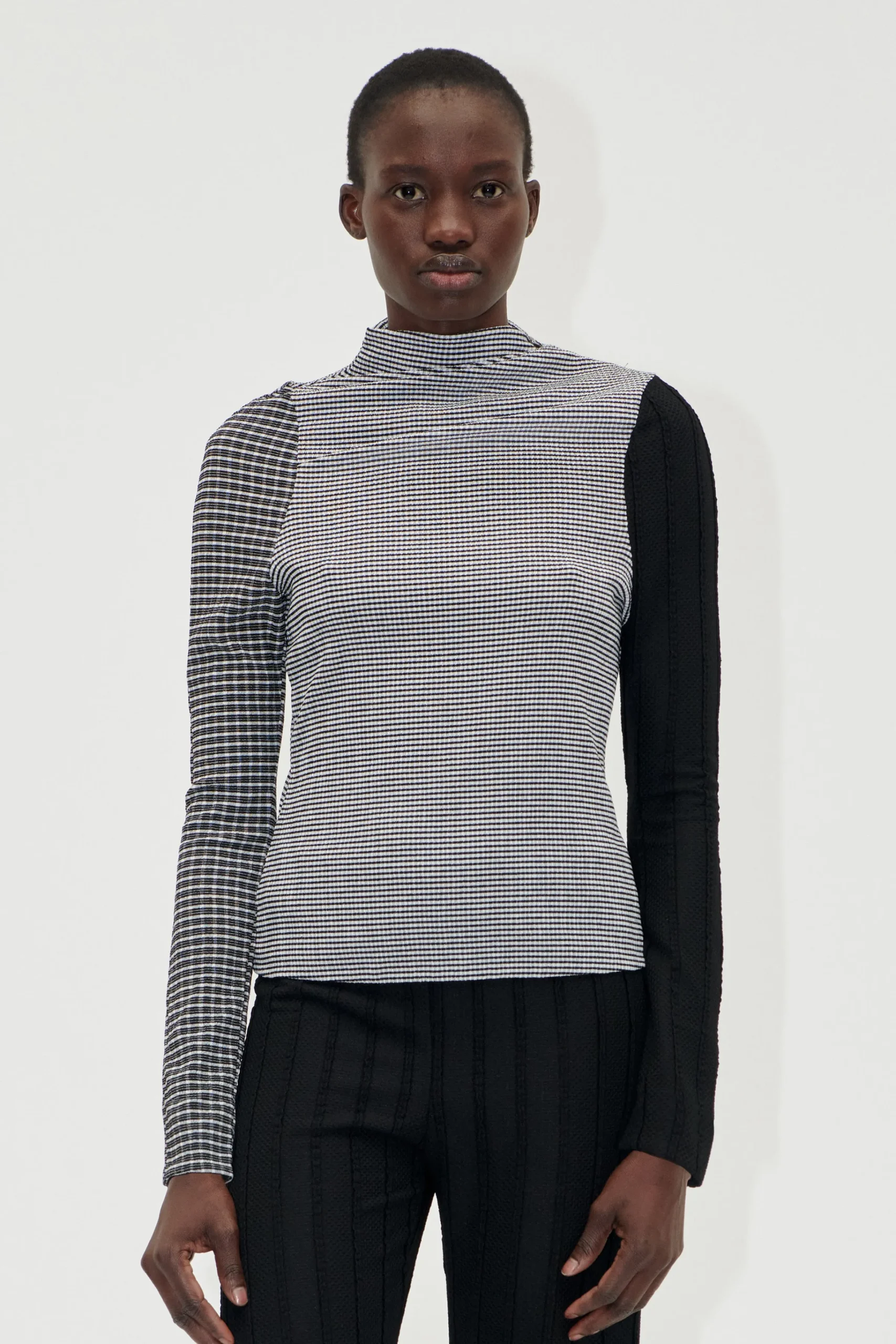 Long Sleeve Pleated Shoulder Top - Black / White-STINE GOYA Cheap