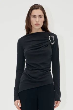 Long Sleeve Top With Fixed Buckle - Jet Black-STINE GOYA Online