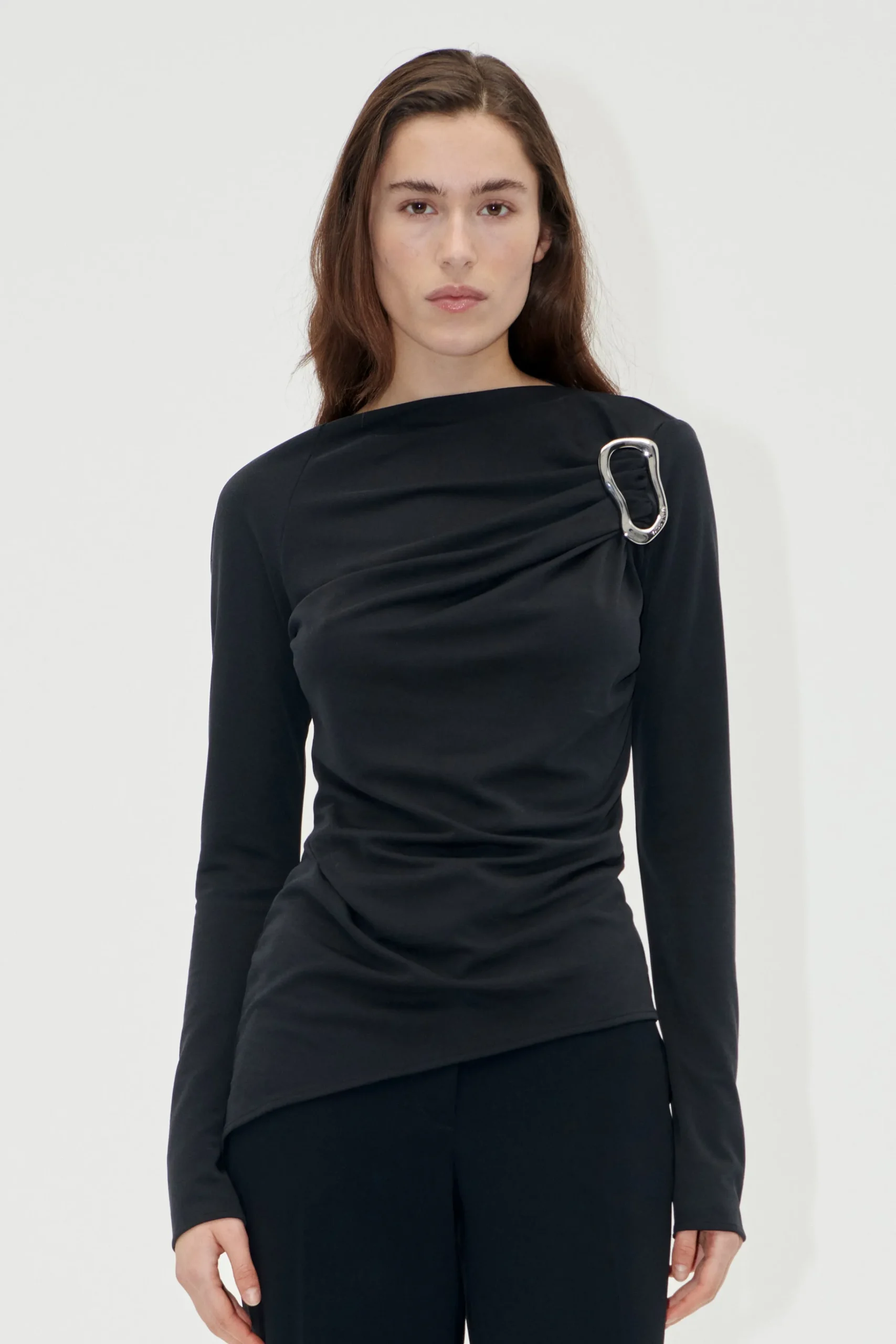 Long Sleeve Top With Fixed Buckle - Jet Black-STINE GOYA Online