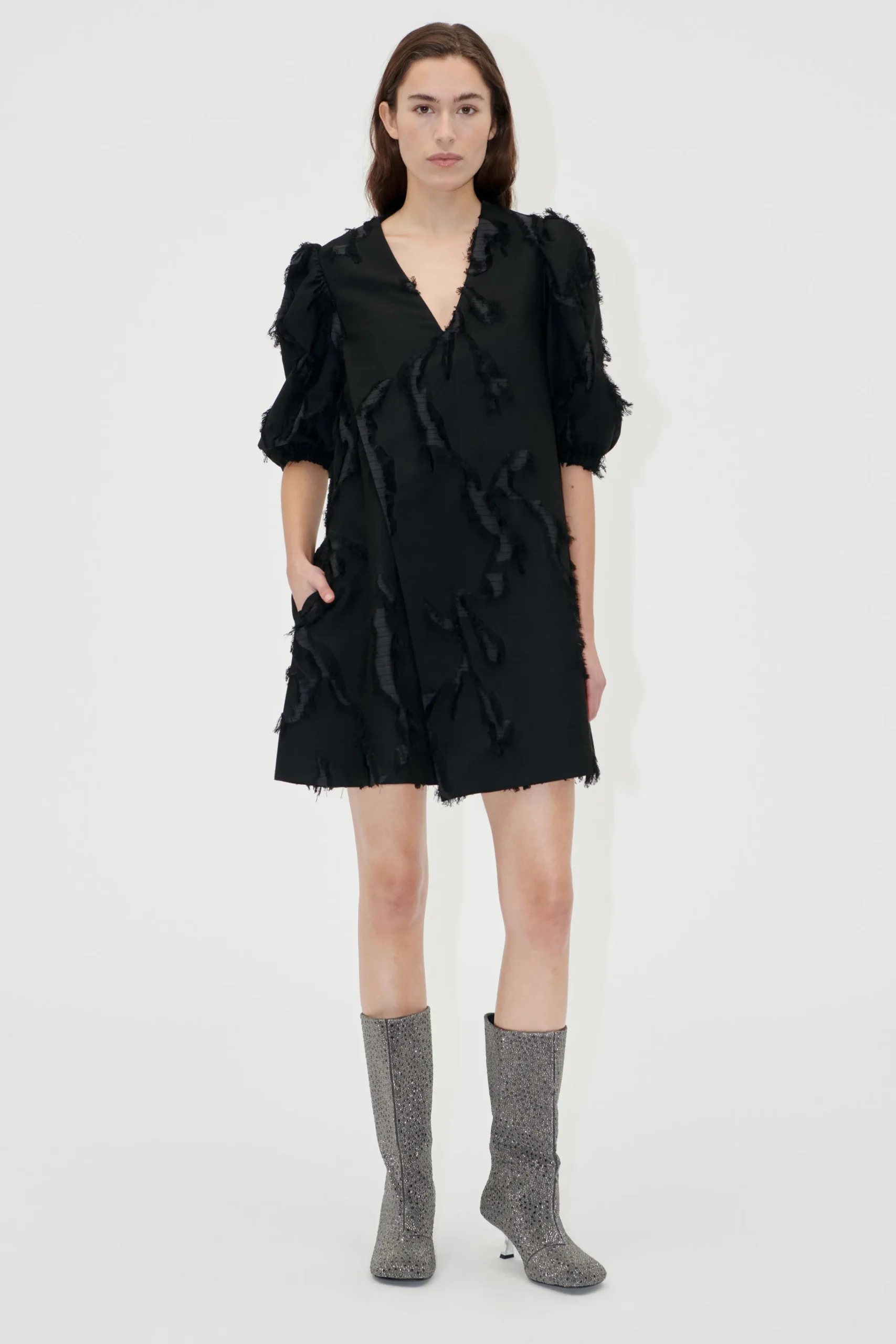 Puffy Sleeves Mini Dress - Jet Black-STINE GOYA Sale