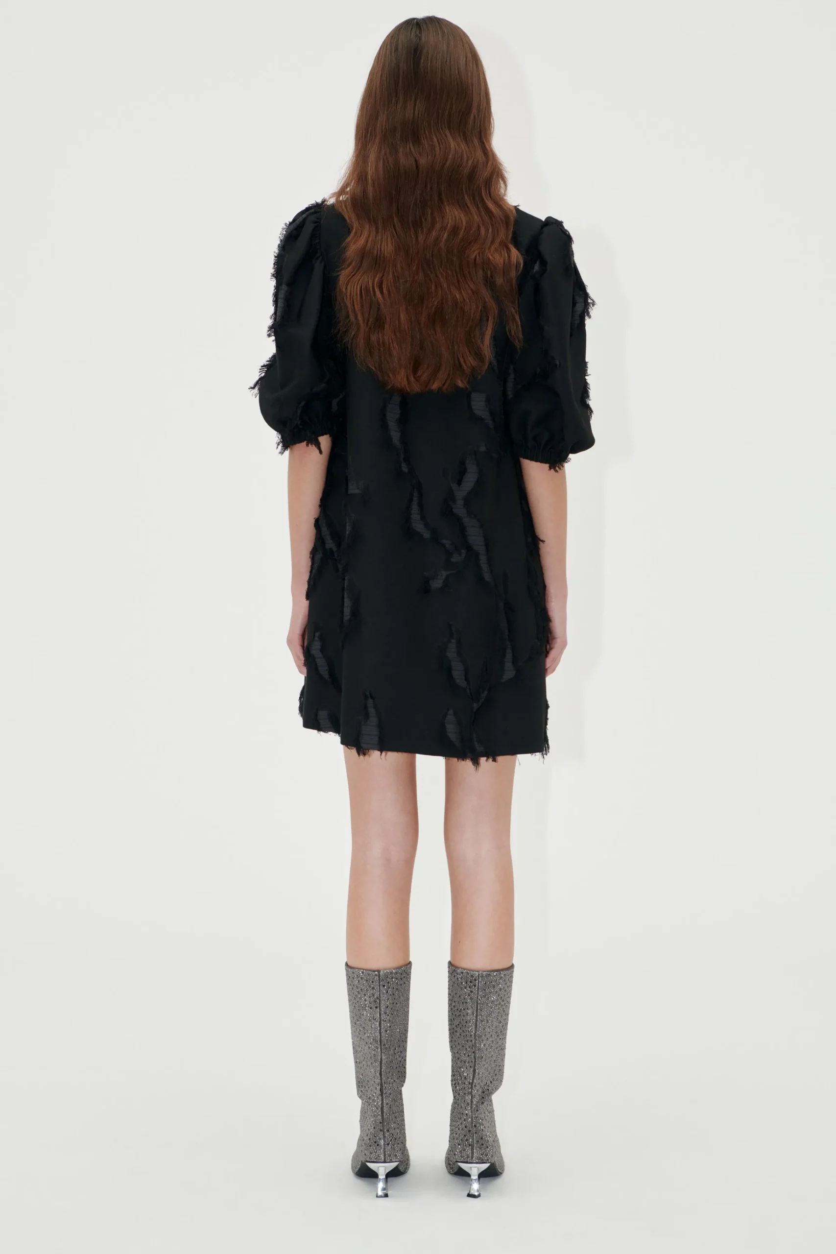 Puffy Sleeves Mini Dress - Jet Black-STINE GOYA Sale