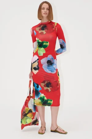 Pullover Long Sleeve Midi Dress - Bloom In Red-STINE GOYA Outlet