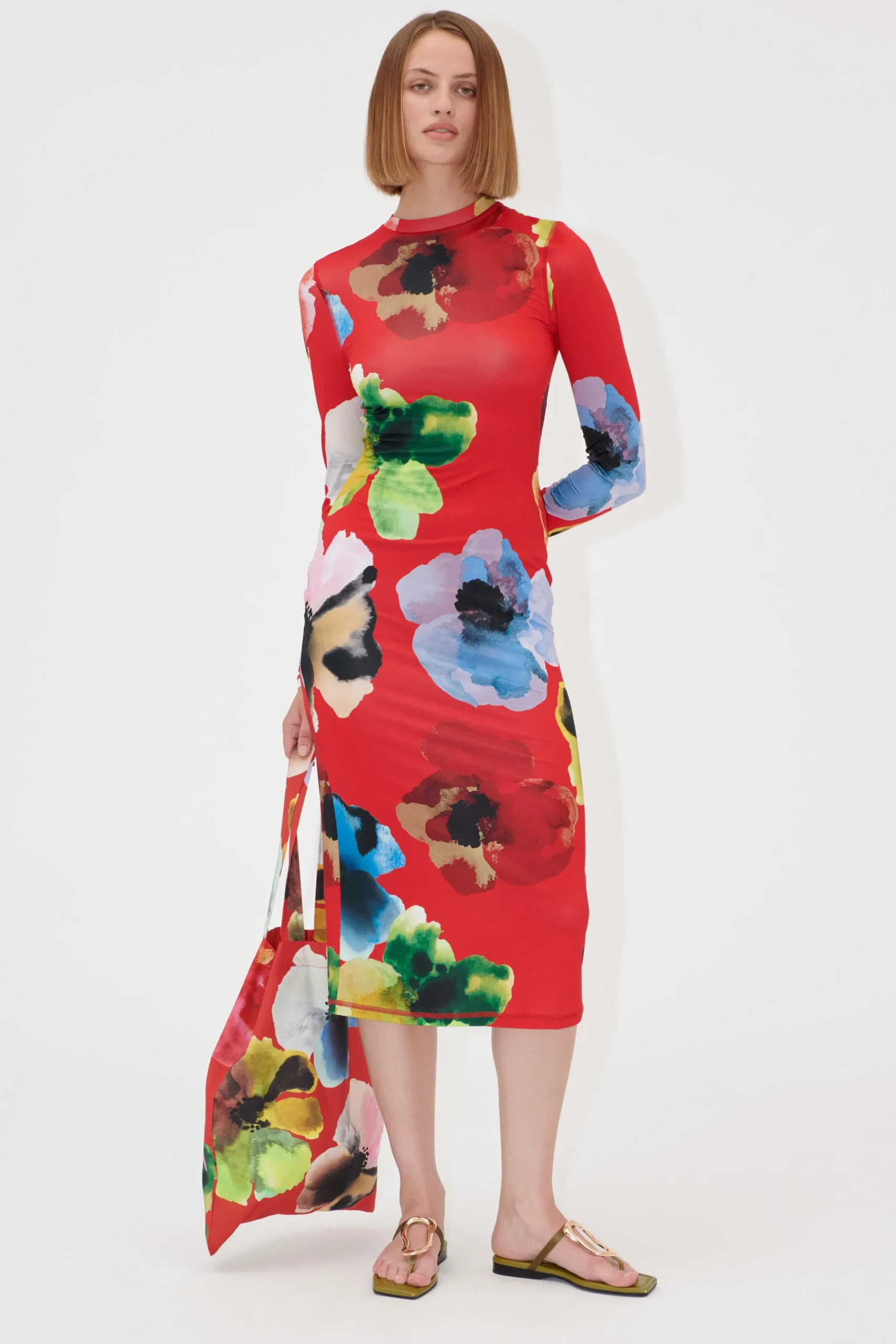 Pullover Long Sleeve Midi Dress - Bloom In Red-STINE GOYA Outlet