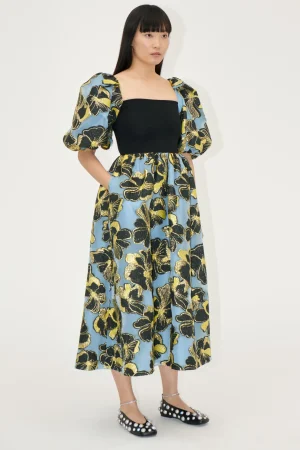 3/4 Sleeve Combo Bodice Midi Dress - Blue Anemone Jacquard-STINE GOYA Best Sale