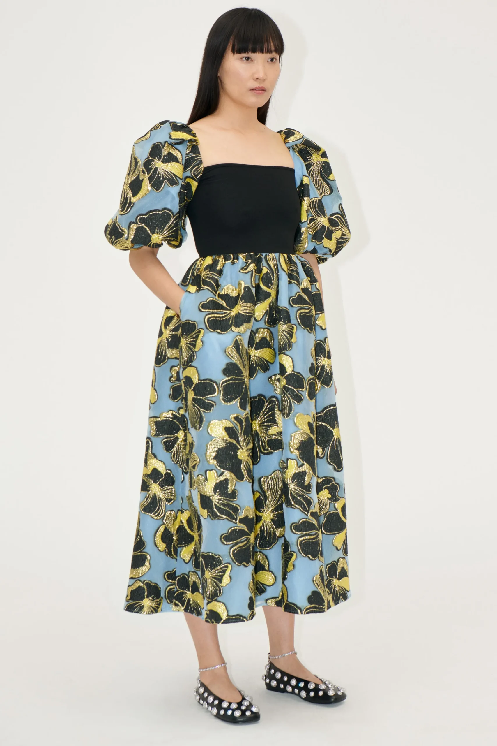 3/4 Sleeve Combo Bodice Midi Dress - Blue Anemone Jacquard-STINE GOYA Best Sale