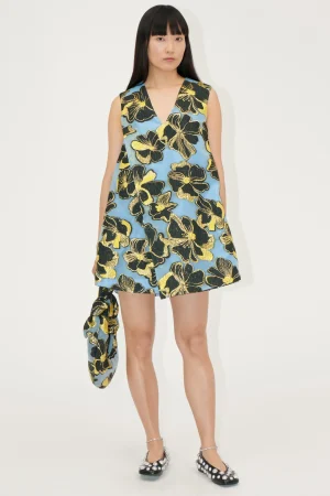 Sleeveless V-Neck Short Dress - Blue Anemone Jacquard-STINE GOYA Flash Sale