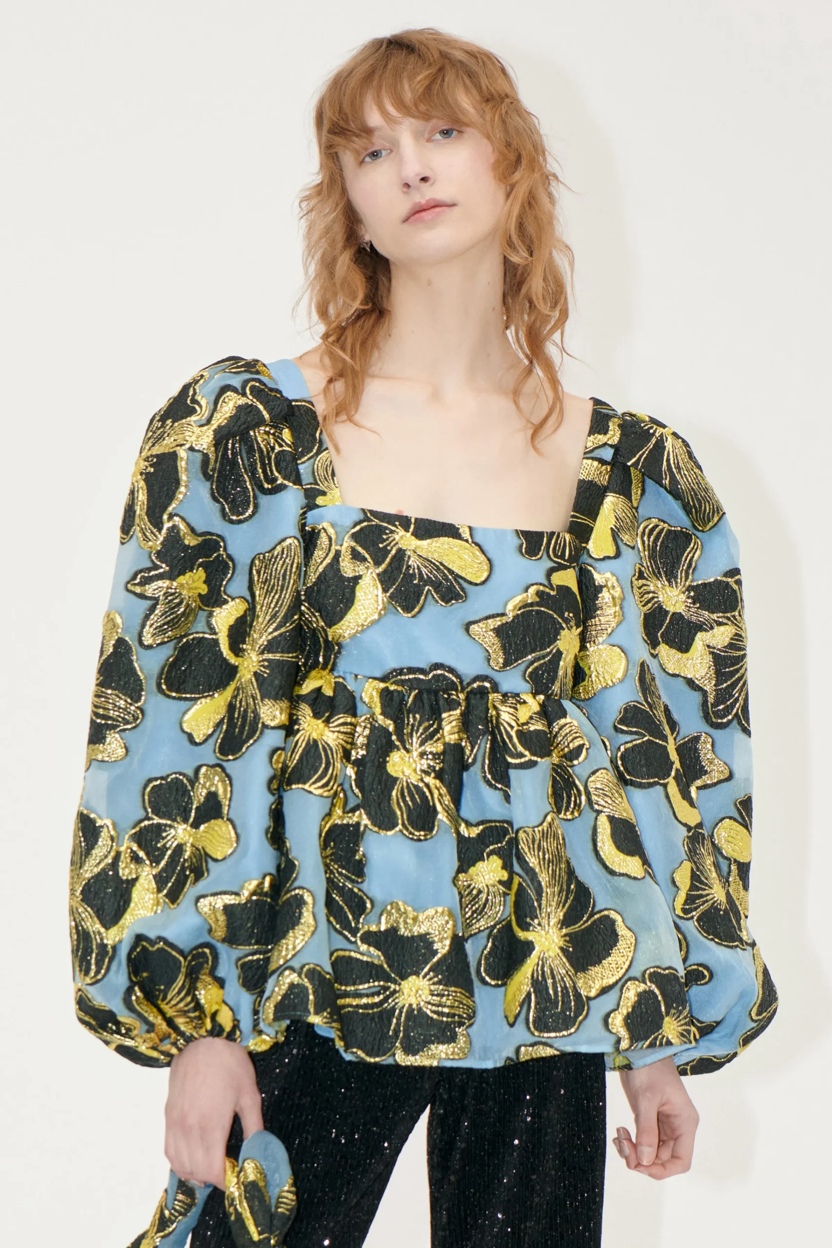 Square Neck Long Sleeve Top - Blue Anemone Jacquard-STINE GOYA Hot