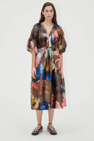 Three-Quarter Sleeve Elasticated Midi Dress - Aquarelle Garden-STINE GOYA Discount