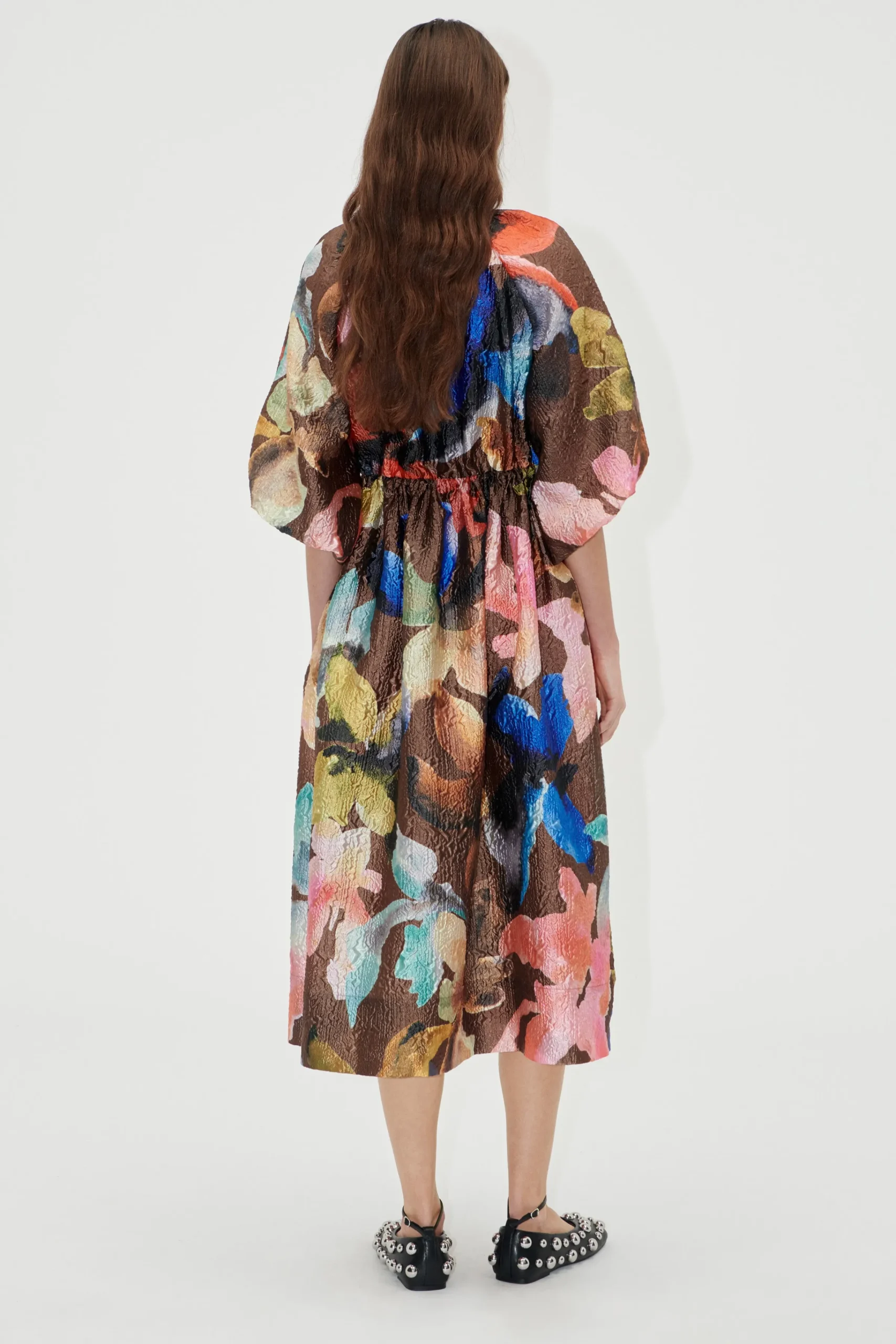 Three-Quarter Sleeve Elasticated Midi Dress - Aquarelle Garden-STINE GOYA Discount