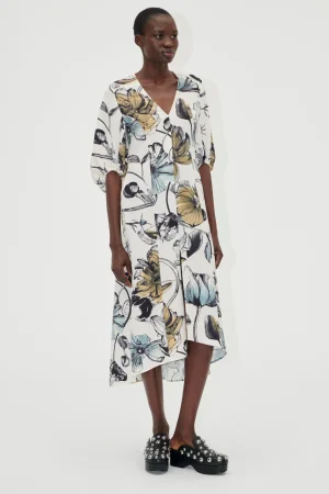 Three-Quarter Sleeve Midi Dress - Fine Line Poppies-STINE GOYA Discount