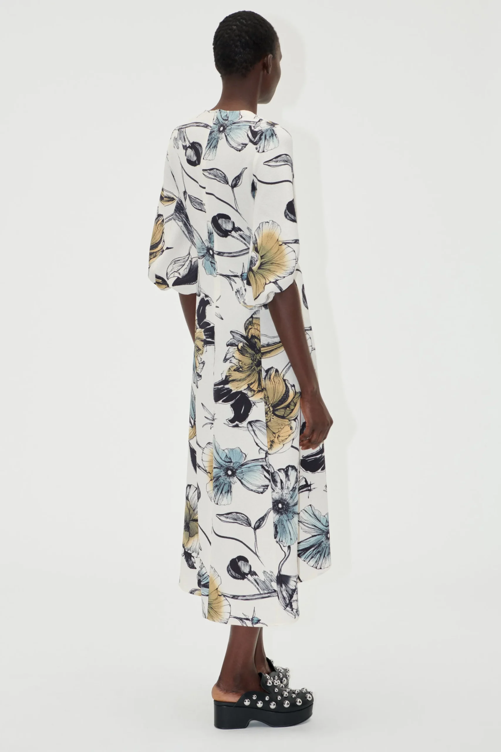 Three-Quarter Sleeve Midi Dress - Fine Line Poppies-STINE GOYA Discount
