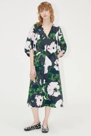 3/4 Volume Sleeves Midi Dress - Umber Windflower-STINE GOYA New