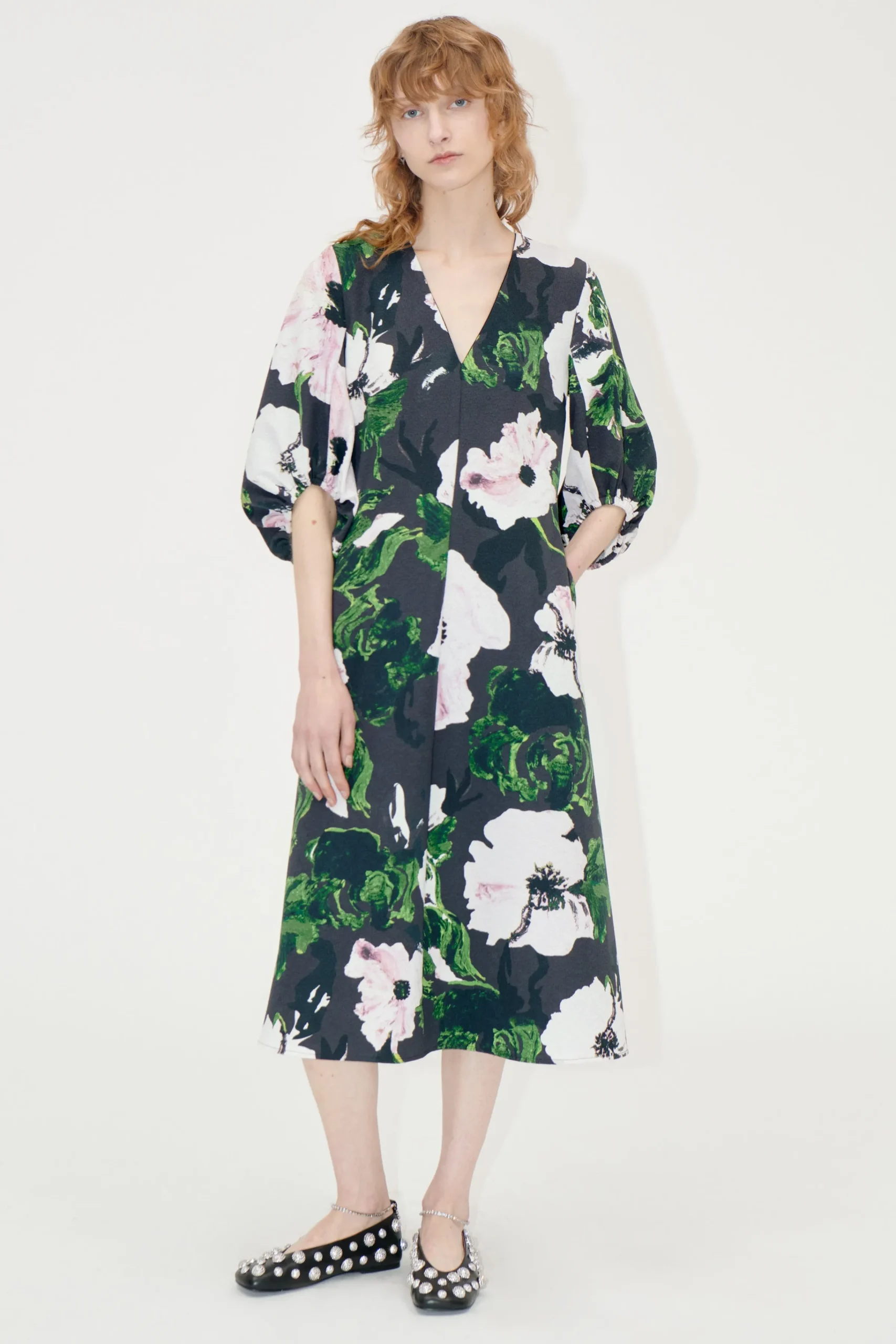 3/4 Volume Sleeves Midi Dress - Umber Windflower-STINE GOYA New