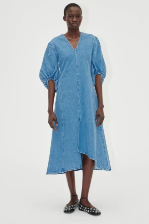 Volume Sleeves Midi Dress - Denim Blue-STINE GOYA New