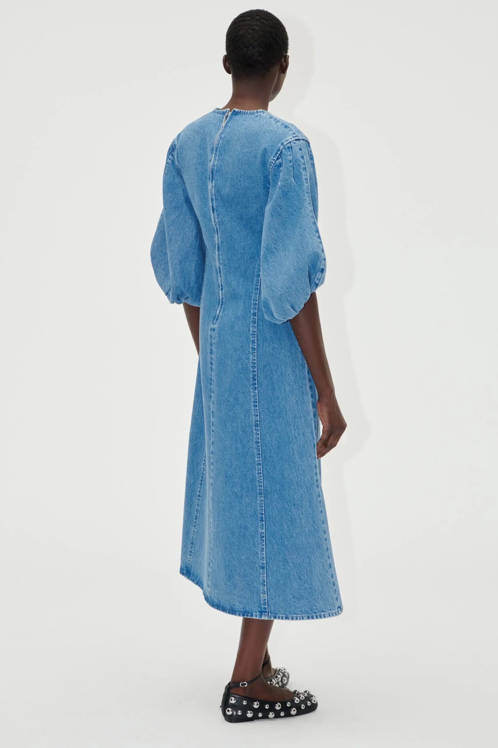 Volume Sleeves Midi Dress - Denim Blue-STINE GOYA New