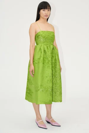 Voluminous Gathered Midi Dress - Green impressionist hue-STINE GOYA Fashion