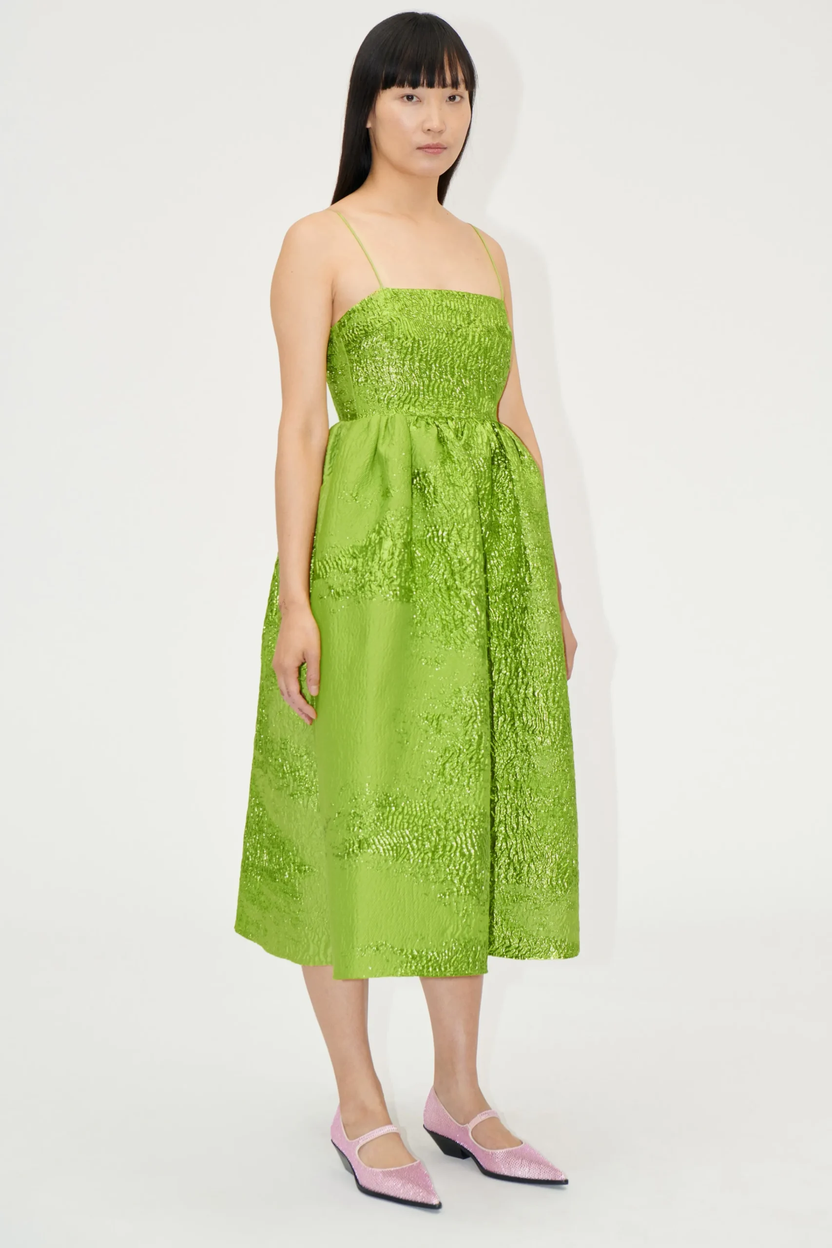 Voluminous Gathered Midi Dress - Green impressionist hue-STINE GOYA Fashion