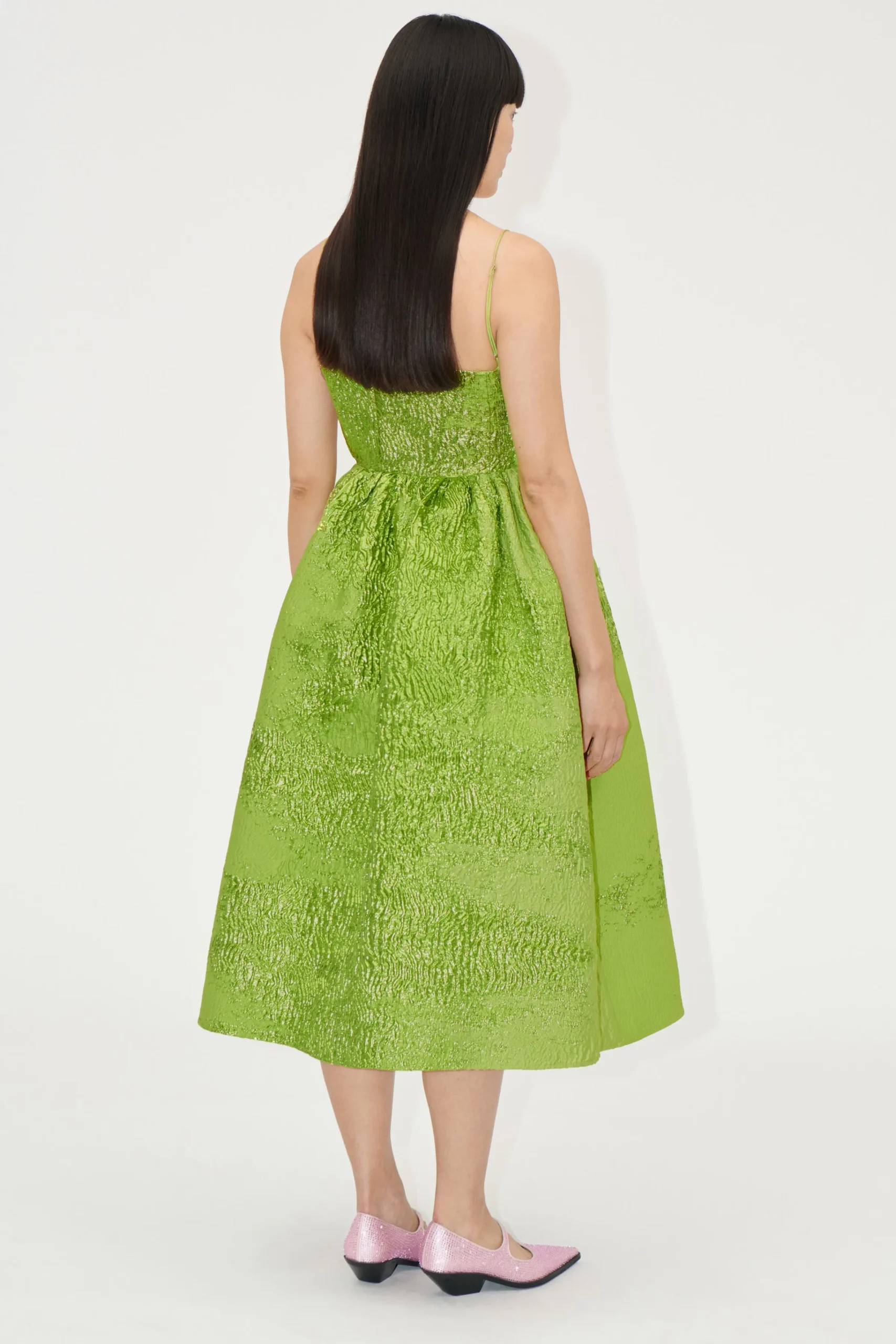 Voluminous Gathered Midi Dress - Green impressionist hue-STINE GOYA Fashion
