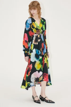 Voluminous V Neck Midi Dress - Watercolor Bloom-STINE GOYA Store