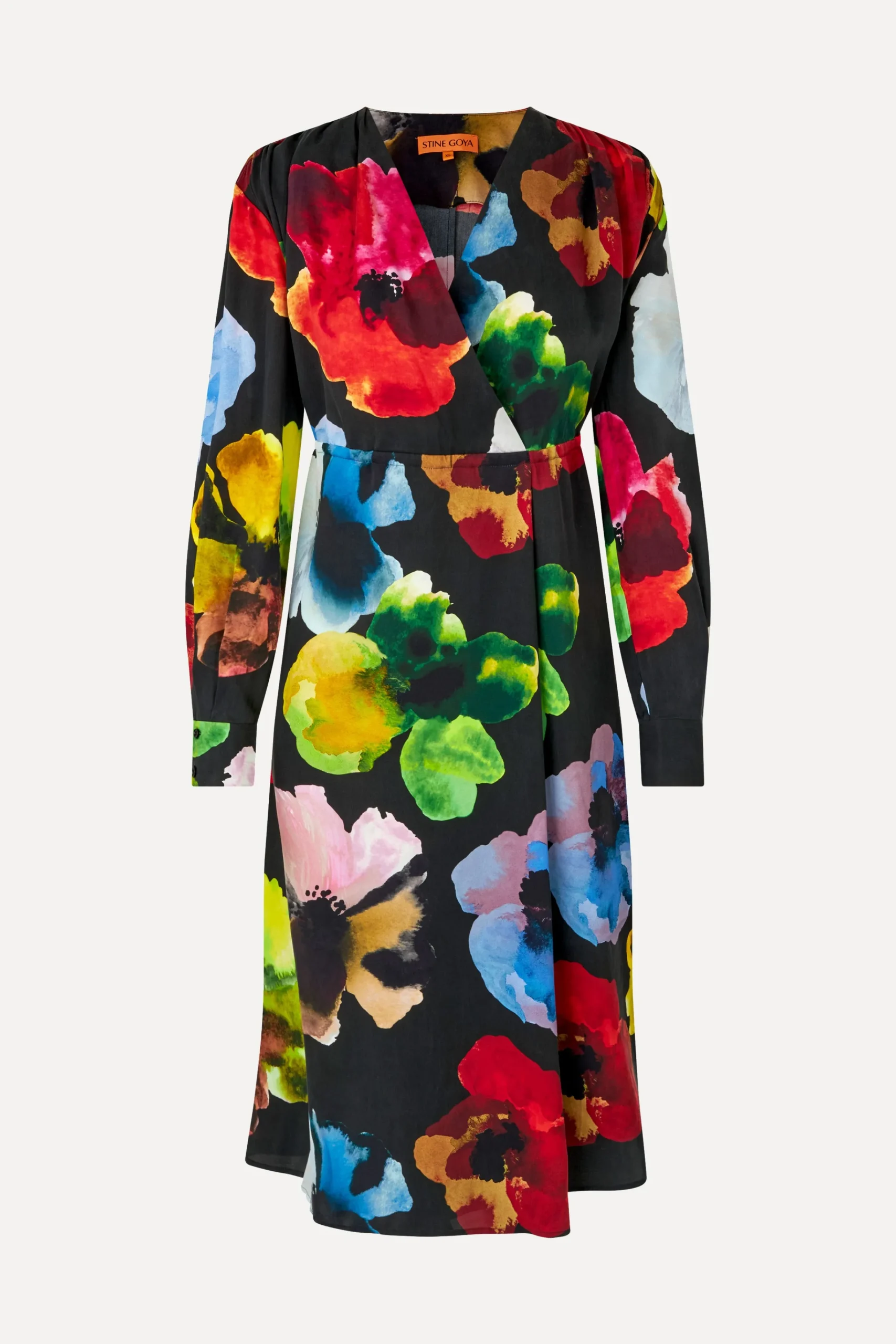 Voluminous V Neck Midi Dress - Watercolor Bloom-STINE GOYA Store
